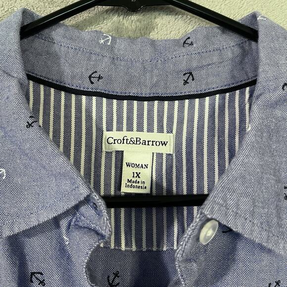 Croft Barrow Button Up Shirt Blue Womens 1X Plus Long Sleeve Preppy Nautical - Picture 2 of 9